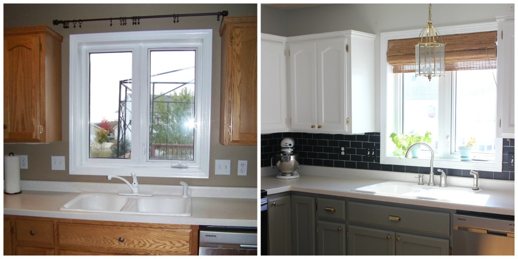 subway tile, chalkboard, gray and white kitchen cabinets, DIY, painted cabinets